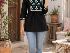 Black Embroidered Pure Cotton Short Kurti for Women | Casual & Everyday Wear