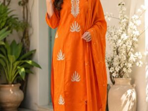 Elegant Orange Pure Cotton Embroidered Kurti Set with Dupatta