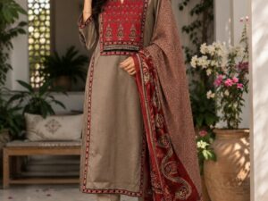 Maroon Pure Cotton Embroidered Kurti Set with Dupatta