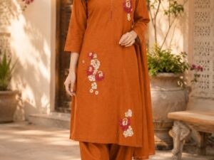 Rust Embroidered Kurti Pant Set with Dupatta