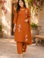 Rust Embroidered Kurti Pant Set with Dupatta