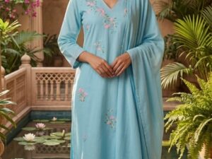 Elegant Sky Blue Pure Cotton Embroidered Kurti Pant Set with Dupatta