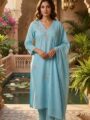 Elegant Sky Blue Pure Cotton Embroidered Kurti Pant Set with Dupatta