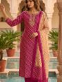 Magenta Pure Cotton Embroidered Kurti Pant Set with Dupatta