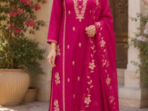 Magenta Embroidered Pure Cotton Kurti Pant Set with Dupatta for Women