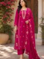 Magenta Embroidered Pure Cotton Kurti Pant Set with Dupatta for Women