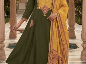 Elegant Olive Green Cotton Embroidered Kurti Pant Set with Mustard Dupatta
