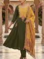 Elegant Olive Green Cotton Embroidered Kurti Pant Set with Mustard Dupatta