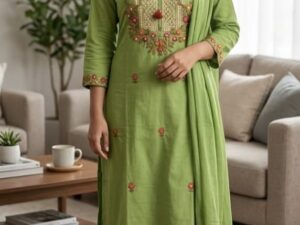 Elegant Light Green Pure Cotton Embroidered Kurti Pant Set with Dupatta