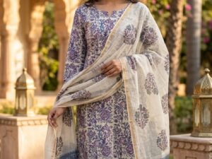 Elegant Cream & Blue Pure Cotton Printed Kurti Pant Set with Dupatta | Ethnic Wear for Women