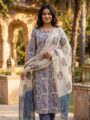 Elegant Cream & Blue Pure Cotton Printed Kurti Pant Set with Dupatta | Ethnic Wear for Women