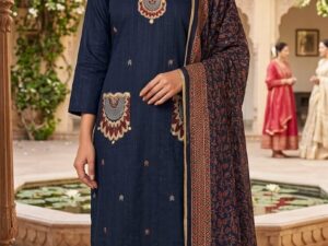 Elegant Navy Blue Printed Kurti Pant Set with Dupatta | Pure Cotton Ethnic Wear