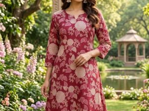 Maroon Pure Cotton Floral Printed Kurti Pant Set for Women | Elegant Ethnic Wear