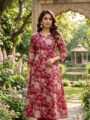 Maroon Pure Cotton Floral Printed Kurti Pant Set for Women | Elegant Ethnic Wear