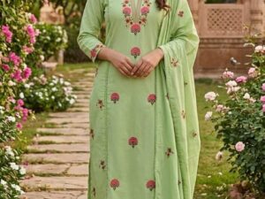 Pistachio Green Pure Cotton Embroidered Kurti Pant Set