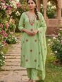 Pistachio Green Pure Cotton Embroidered Kurti Pant Set