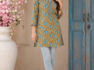 Mustard Yellow Pure Cotton Floral Printed Short Kurti for Women | Casual & Office Wear