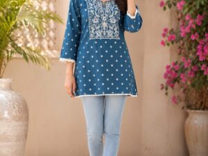 Teal Blue Pure Cotton Embroidered Short Kurti for Women | Casual & Office Wear