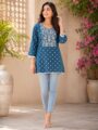 Teal Blue Pure Cotton Embroidered Short Kurti for Women | Casual & Office Wear