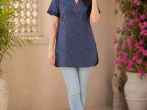 Navy Blue Crape Embroidered Short Kurti for Women | Casual, Office & Everyday Wear