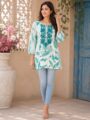 Aqua Blue Pure Cotton Printed Short Kurti for Women | Casual & Everyday Wear