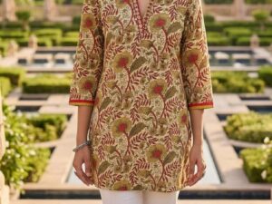 Elegant Beige Floral Printed Crepe Short Kurti for Women | Casual & Ethnic Wear