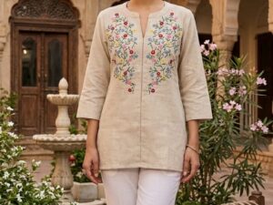 Elegant Beige Floral Embroidered Crape Short Kurti for Women | Casual & Ethnic Wear