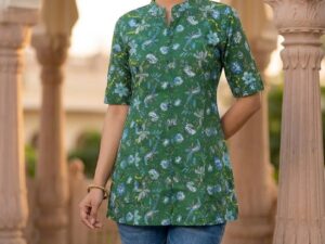 Green Floral Printed Pure Cotton Short Kurti for Women | Casual & Everyday Wear