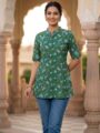 Green Floral Printed Pure Cotton Short Kurti for Women | Casual & Everyday Wear