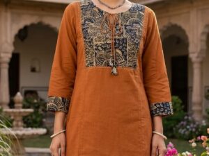 Rust Brown Cotton Printed Short Kurti for Women | Ethnic Casual Wear with Tassel Neck