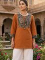 Rust Brown Cotton Printed Short Kurti for Women | Ethnic Casual Wear with Tassel Neck