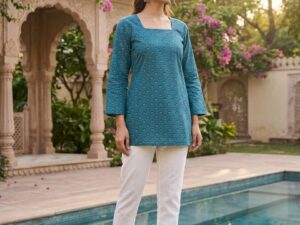 Teal Blue Cotton Printed Short Kurti for Women | Elegant Ethnic Casual Wear