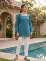 Teal Blue Cotton Printed Short Kurti for Women | Elegant Ethnic Casual Wear