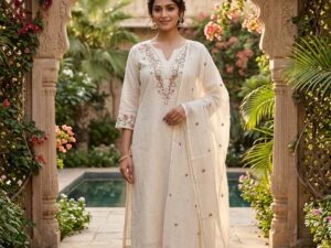Ivory Floral Embroidered Cotton Kurti Pant Set with Dupatta