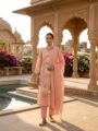 Peach Floral Embroidered Kurti Pant Set with Dupatta