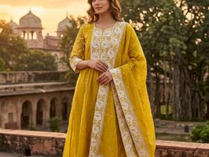 Mustard Yellow Embroidered Kurti Pant Set