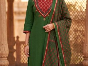 Forest Green Printed Kurti Pant Set with Dupatta