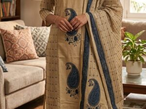 Beige & Navy Blue Printed Kurti Pant Set