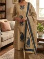 Beige & Navy Blue Printed Kurti Pant Set
