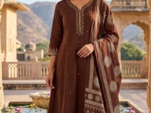 Brown Printed Kurti Pant Set with Dupatta