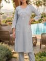 Grey Cotton Embroidered Kurti Pant Set