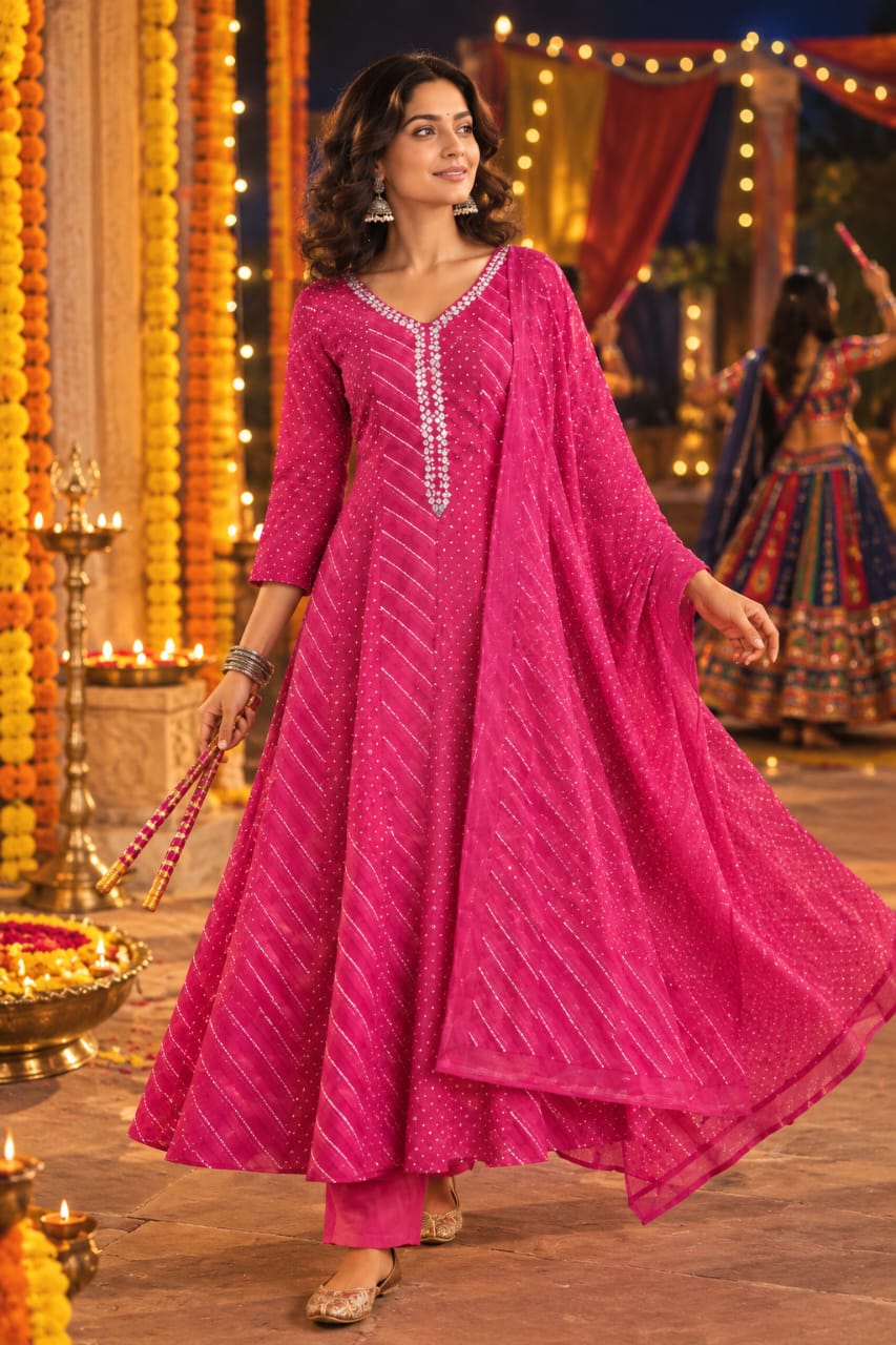 Pink Embroidered Anarkali Kurti with Dupatta Set