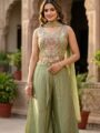 Pista Green Embroidered Crop Top with Palazzo and Dupatta Set